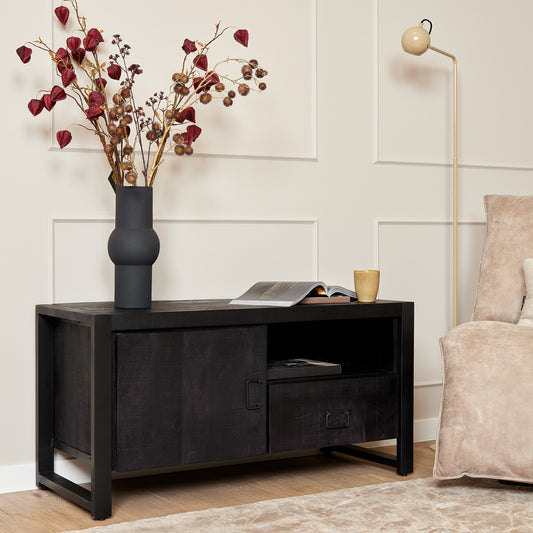 Meuble TV Boaz Noir avec une porte et un compartiment ouvert | 110 cm