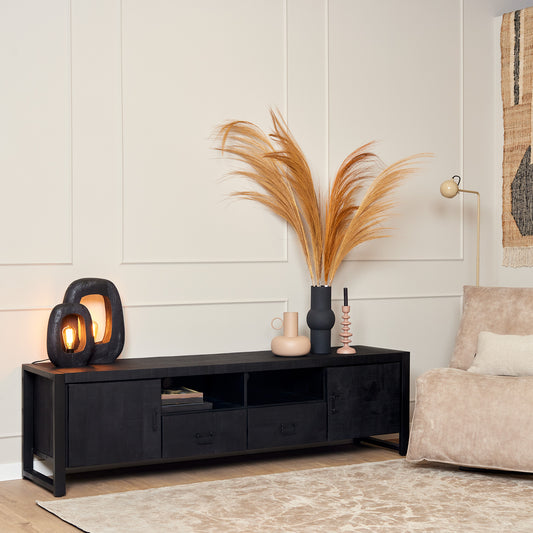 Meuble TV Boaz Noir avec portes et tiroirs | 200 cm