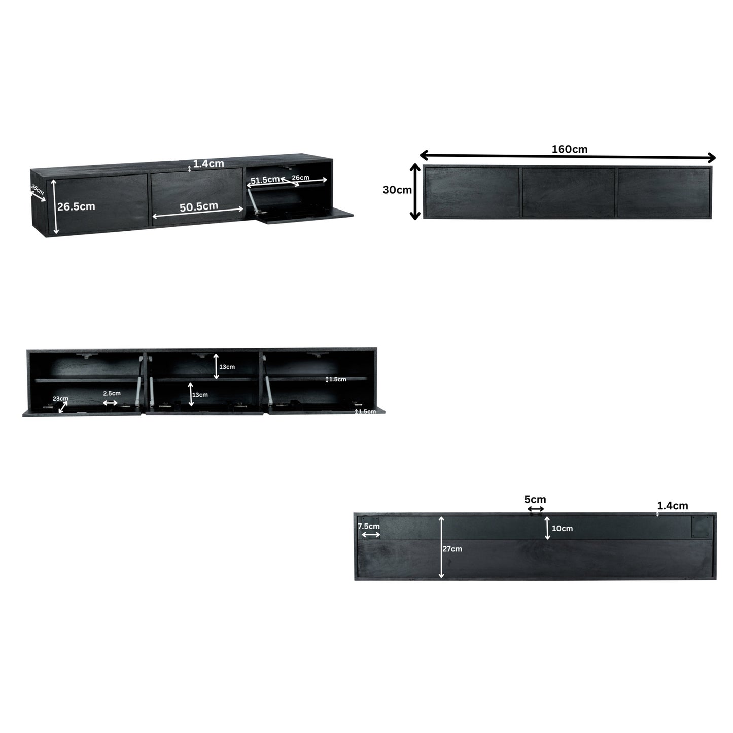 Zwevend tv-meubel Vision Zwart | 160 cm