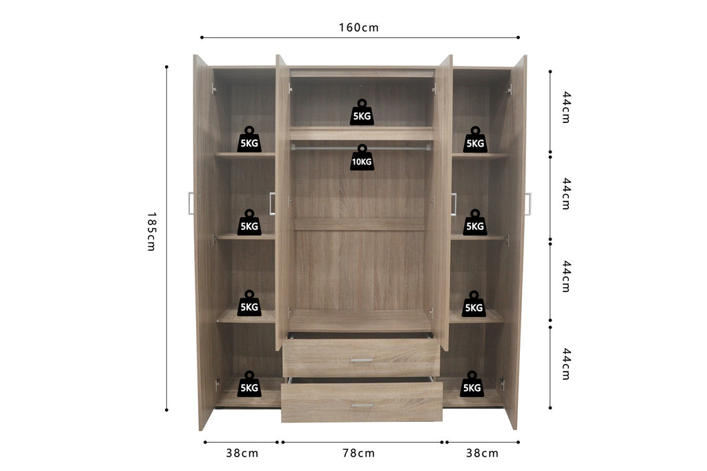 Kledingkast 'Marc' 4 deuren met 2 spiegels Sonoma (2c)