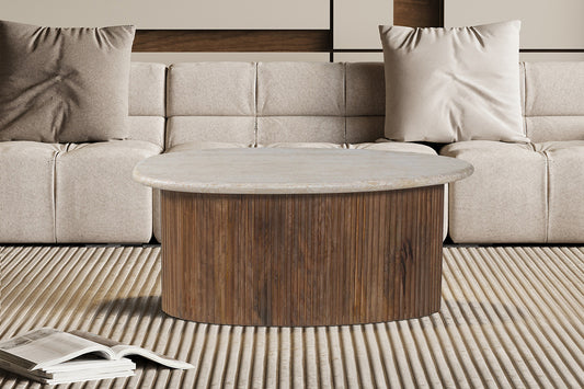 Salontafel Louis 90 cm Mango hout met Travertin Beige (2c)