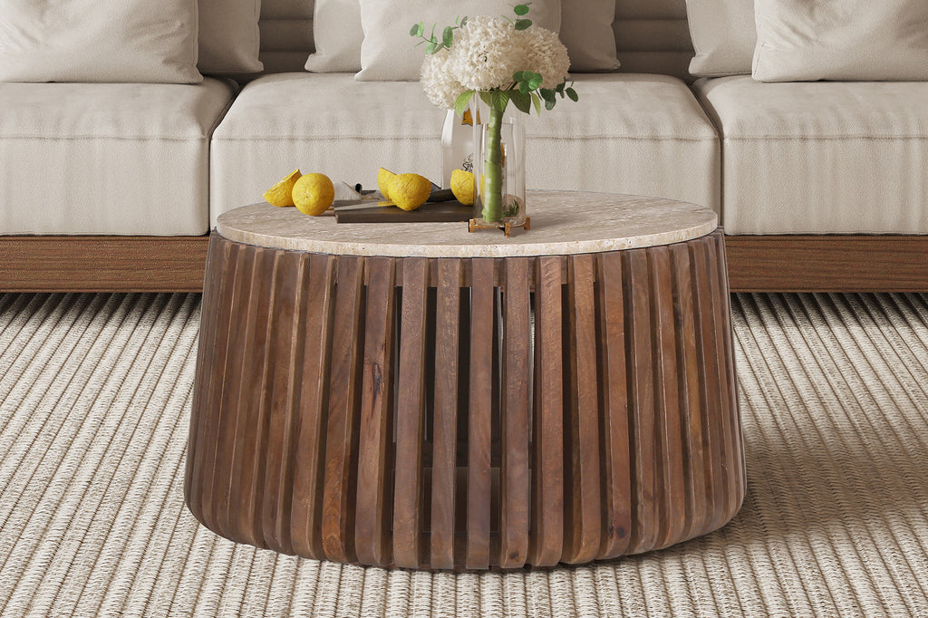 Salontafel Luuk 70 cm Rond Mango hout met Travertin Beige