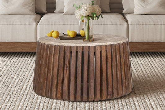 Salontafel Luuk 70 cm Rond Mango hout met Travertin Beige