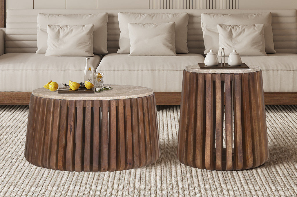 Salontafel Luuk 70 cm Rond Mango hout met Travertin Beige