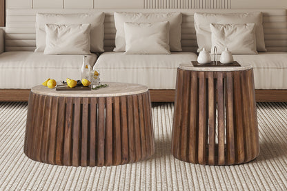 Salontafel Luuk 70 cm Rond Mango hout met Travertin Beige