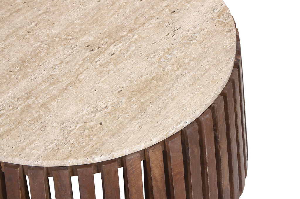 Salontafel Luuk 70 cm Rond Mango hout met Travertin Beige