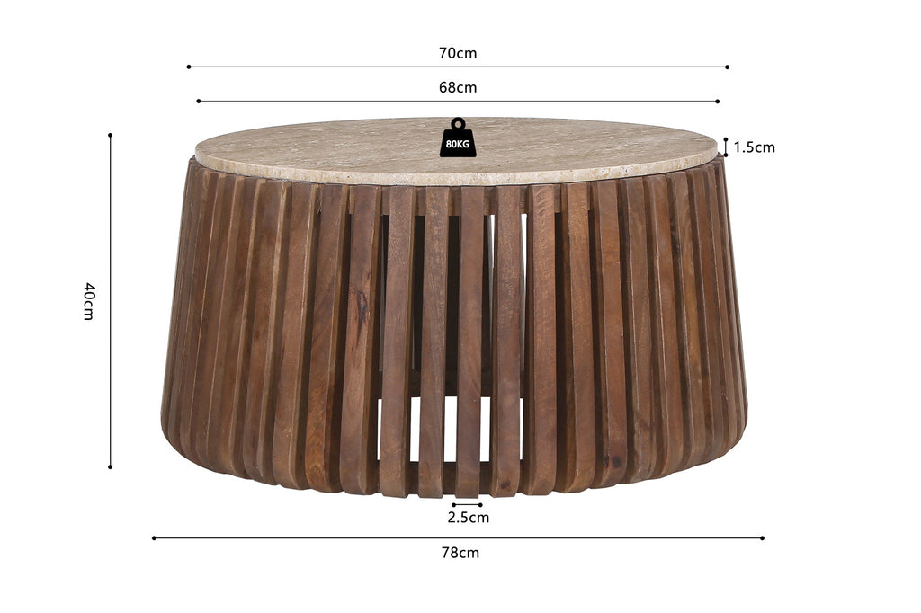 Salontafel Luuk 70 cm Rond Mango hout met Travertin Beige